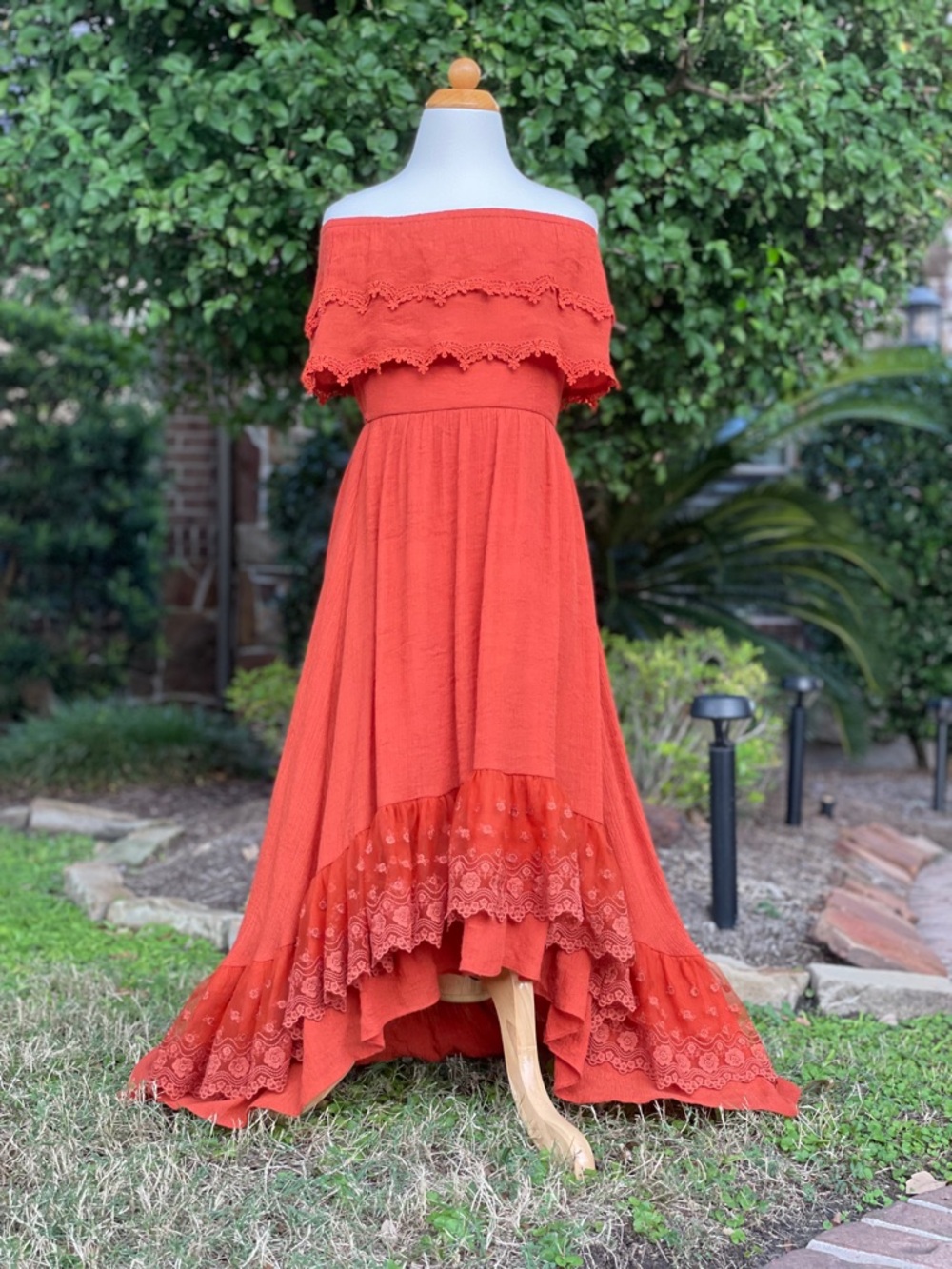 Girls Boho Fall Burnt Orange Off-The-Shoulder Flowy Ruffle Maxi Dress size 6/7